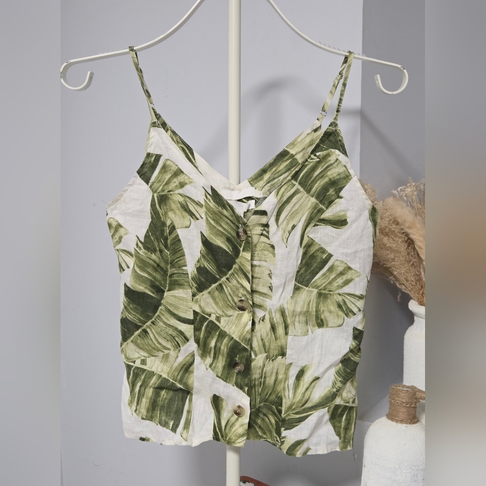 H&M 100% Linen Sleeveless Tropical Nlouse Green Leaves Buttons V-neck XS